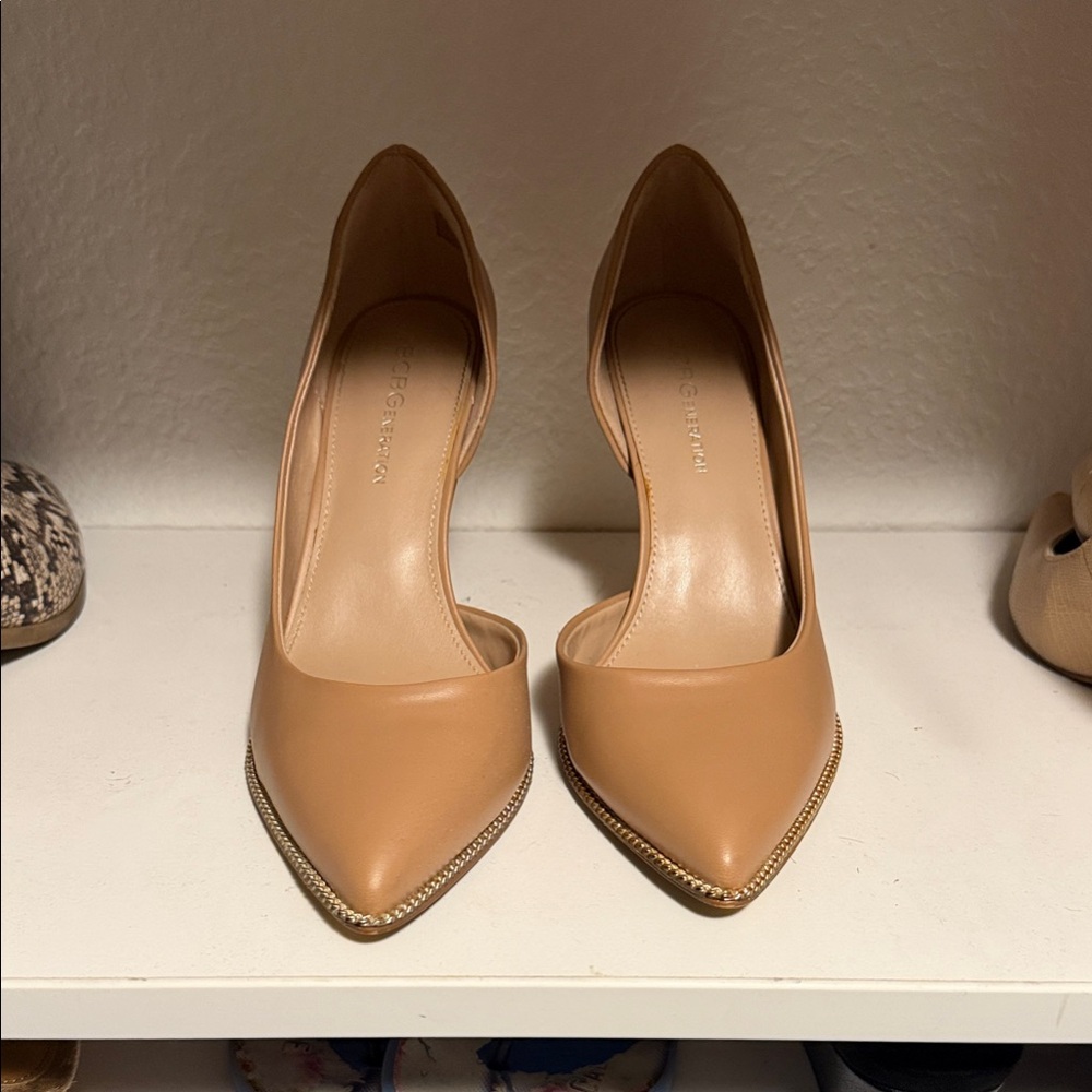 BCBGeneration Tan D'Orsay Pointed Toe Pumps with Metallic Trim